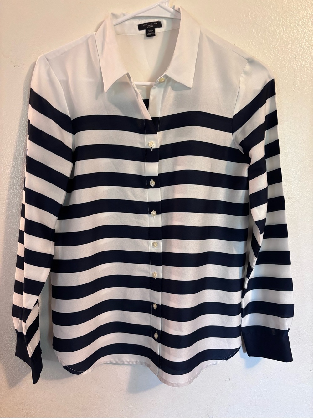 Ann Taylor Black and White Striped Button-Up Blouse